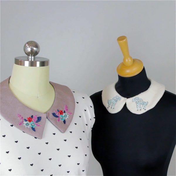 2 female dress forms with embroidered cutesie collar