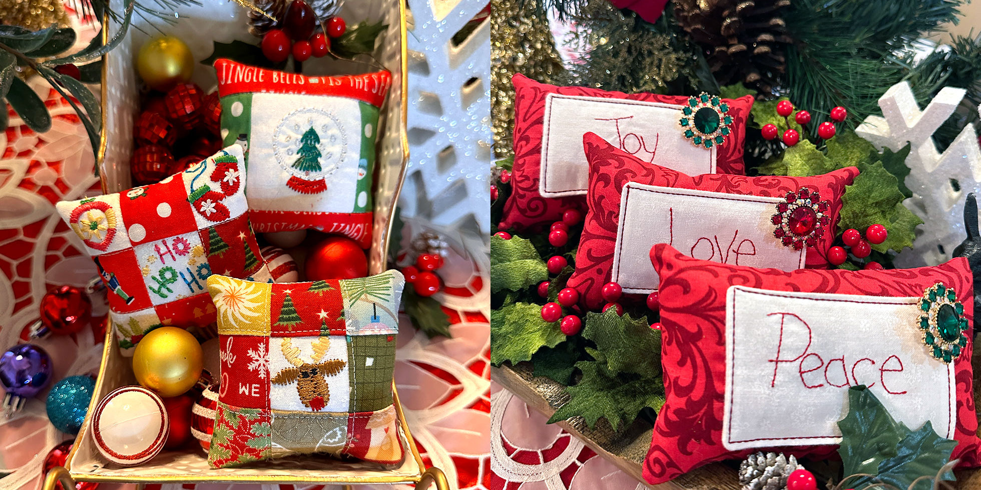 Mini Bowl Filler Pillows with Holiday Embroidery