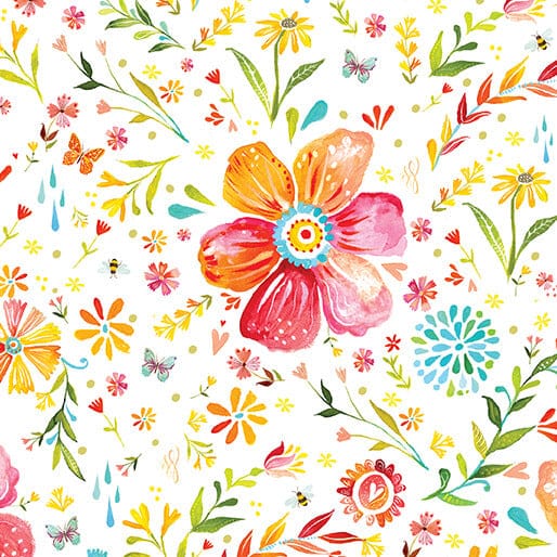 A Prairie Heart Cotton Fabric - Posies White (Benartex) 16629-09