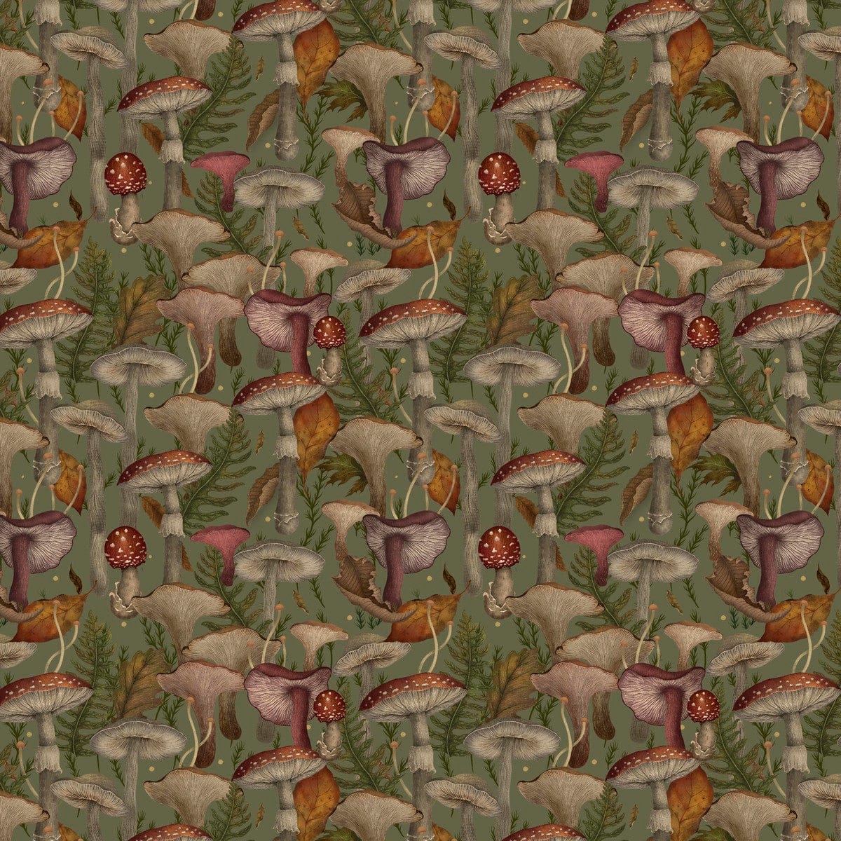 Harvest Haunt Cotton Fabric - Mushrooms Olive Green (Blank Quilting) B-4808-66