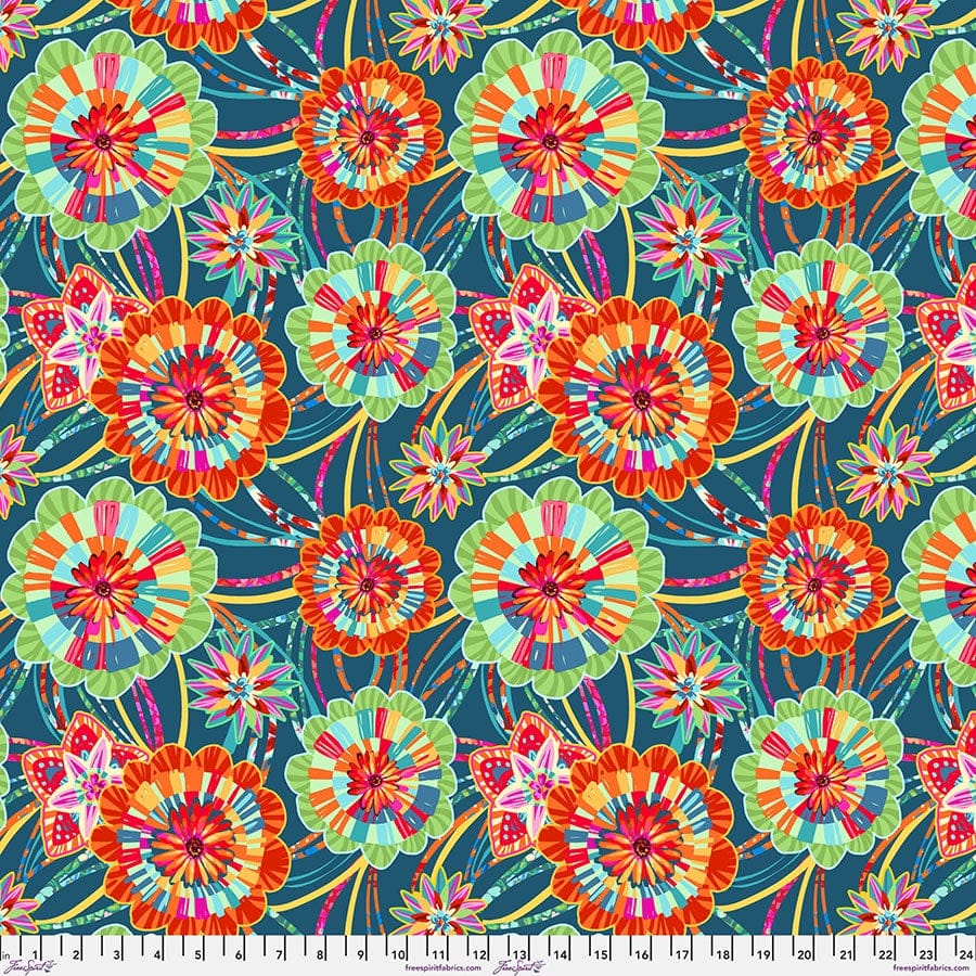Festival Cotton Fabric - Rosettes Blue (FreeSpirit) PWOB116.BLUE