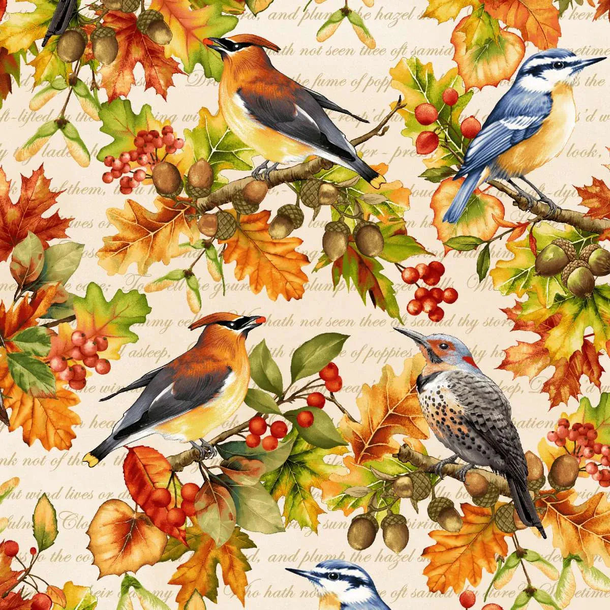 Allover Birds and Leaves - Oak and Berries Q-3653-44