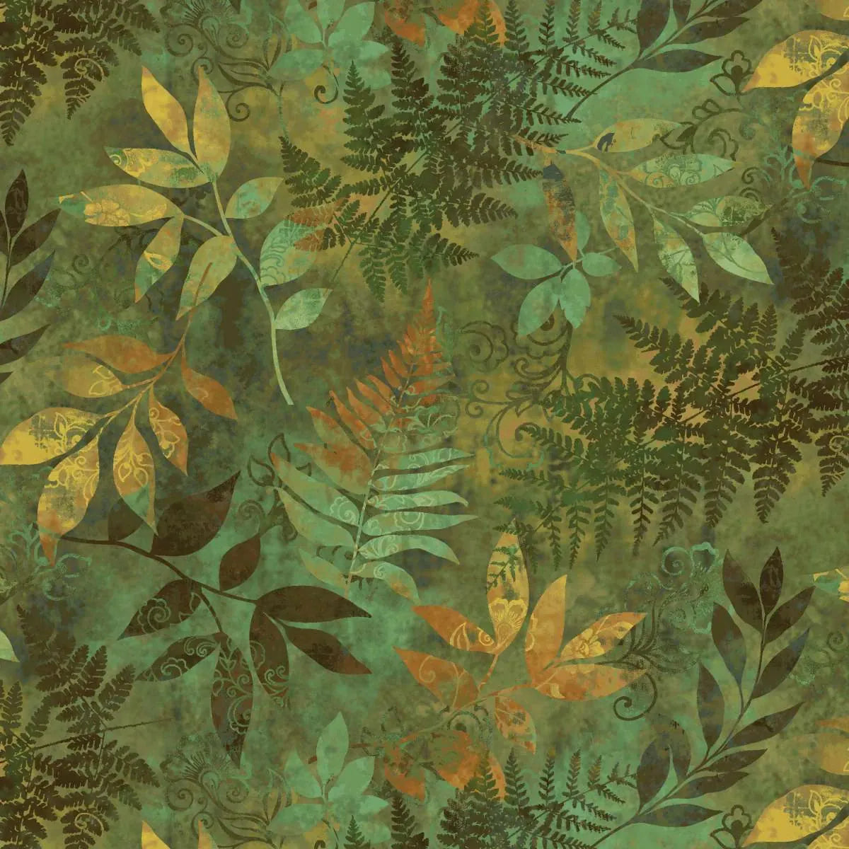 Mixed Media Leaves Green - Oak and Berries Q-3648-66