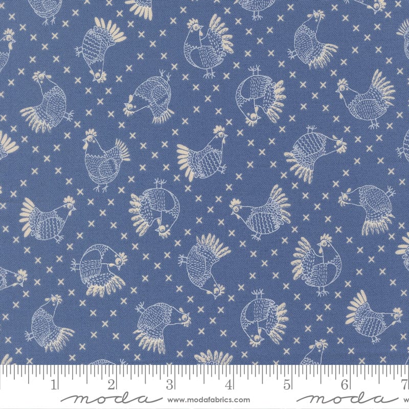 The Henhouse Cotton Fabric - Cobalt Chickens (Moda) 48433-19