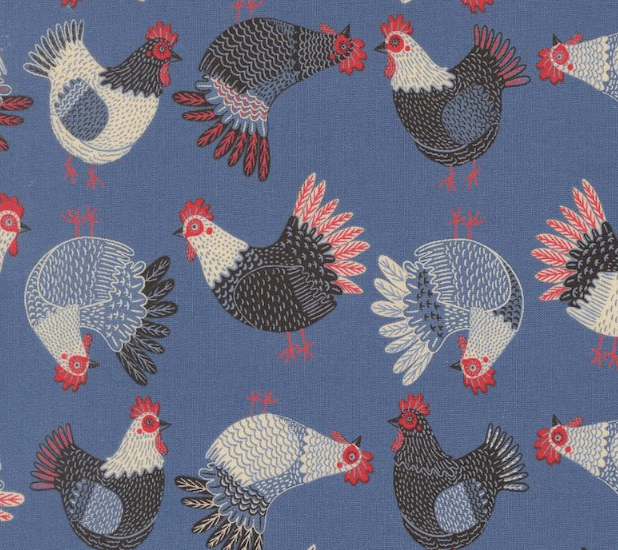 The Henhouse Cotton Fabric - Cobalt Chickens (Moda) 48433-19