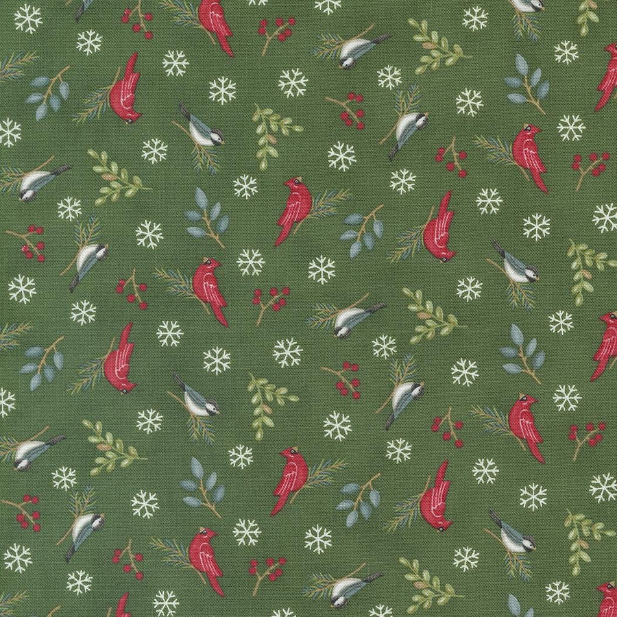 Woodland Winter - Winter Birds Snowflakes Pine Green 56096-14