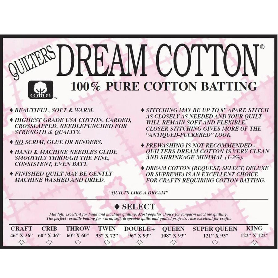 Quilter's Dream - Natural Dream 100% Cotton Batting - Select Throw W4TH