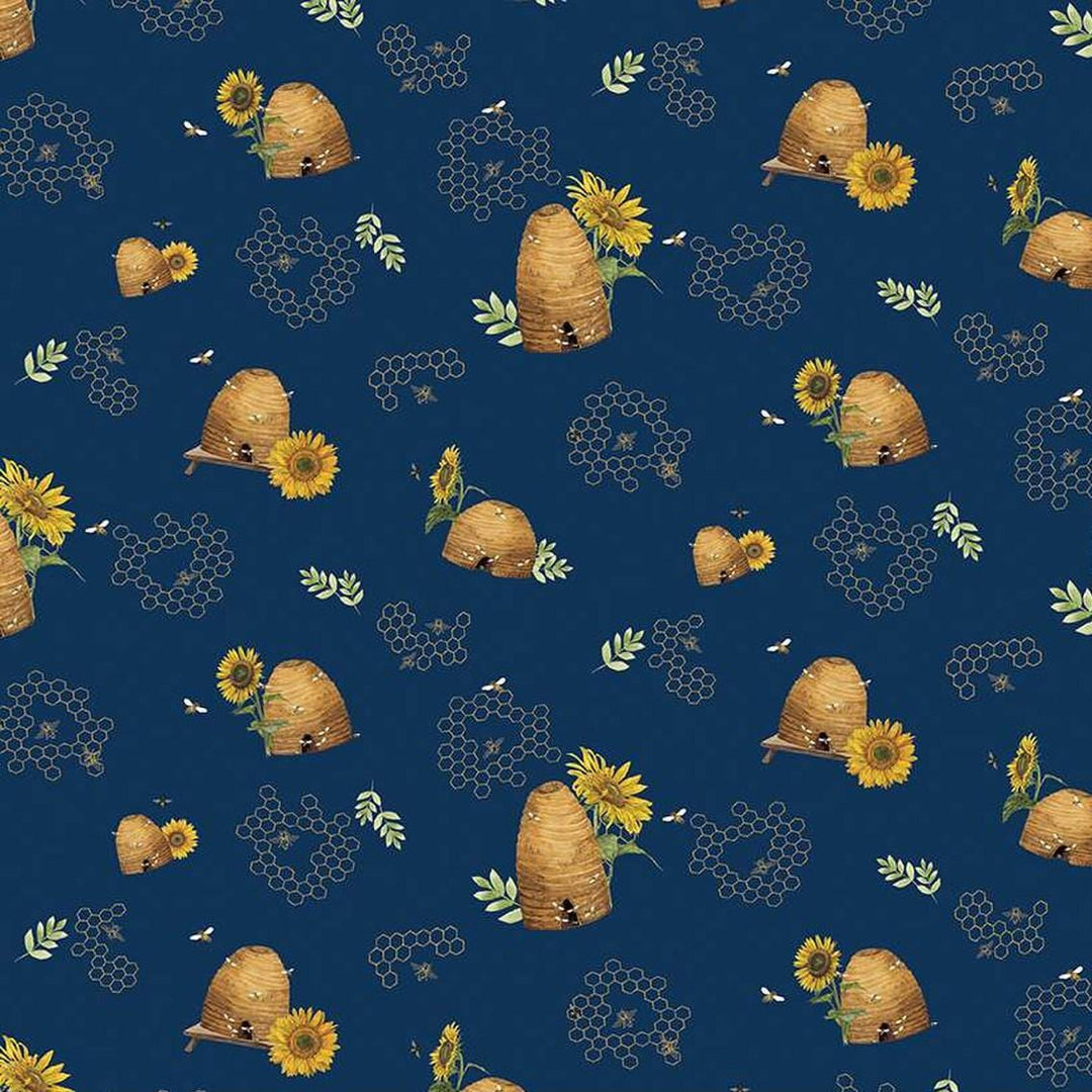 Honey Bees & Flowers Please - Beehives Navy C15132-NAVY