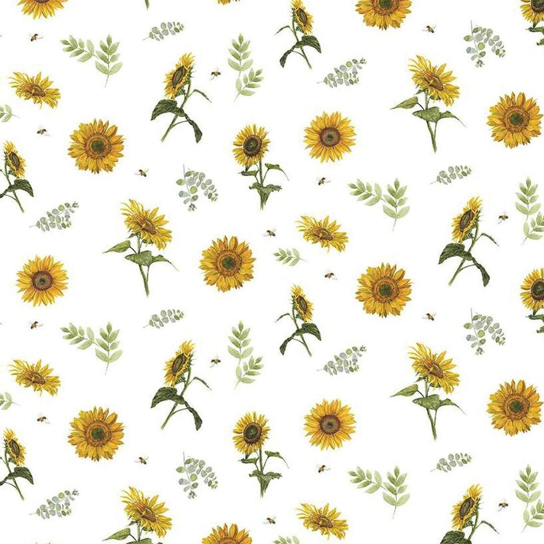 Honey Bees & Flowers Please - Sunflowers and Bees White C15133-WHITE