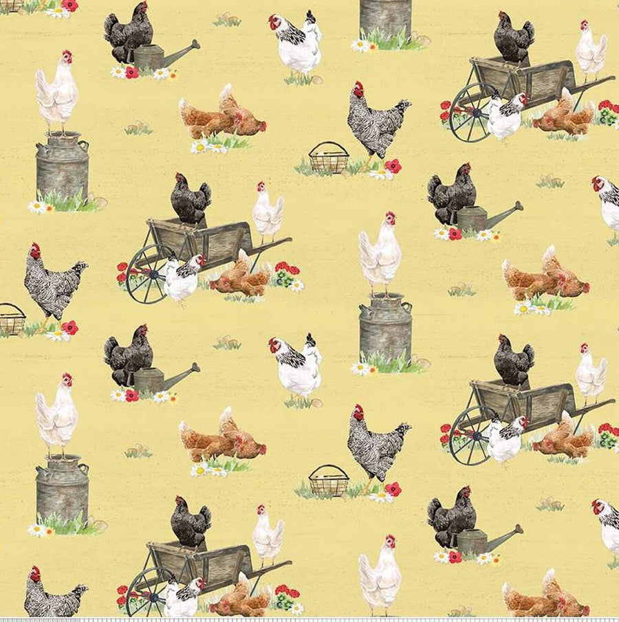 Spring Barn Quilts - Chickens Yellow CD14331-YELLOW