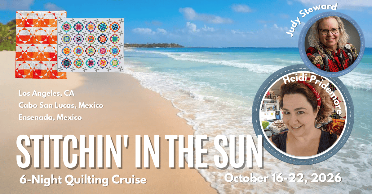 2026 Stitchin' In The Sun Quilting Cruise banner for Stitchin' Heaven - October trip with Heidi Pridemore and Judy Steward