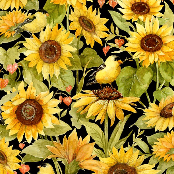 Sunflower Splendor - Sunflowers & Birds Allover Black 3023-83327-957