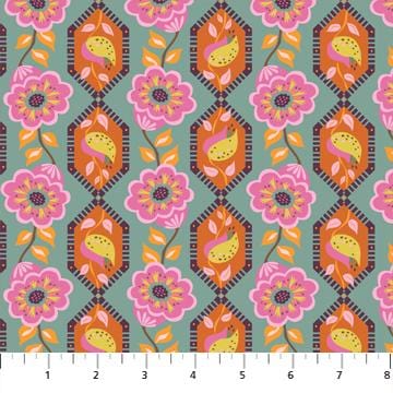 Figo Fabrics - Kindred Sketches - Blooming Vine Stripe Teal Figo Fabrics 