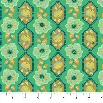 Figo Fabrics - Kindred Sketches - Blooming Vine Stripe Turquoise Figo Fabrics 