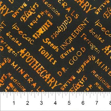 Banyan Batiks - Apothecary - Apothecary Text Orange Black Northcott 