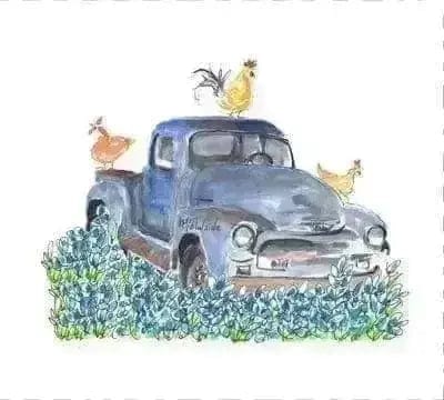 Blue Truck with Birds Panel Quilt Block Art 