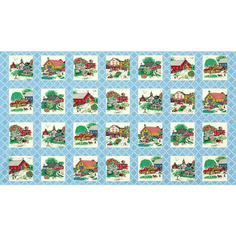 Flowerhouse: Sunnyside Farm - Farm Scenes Panel Blue Robert Kaufman Fabrics 