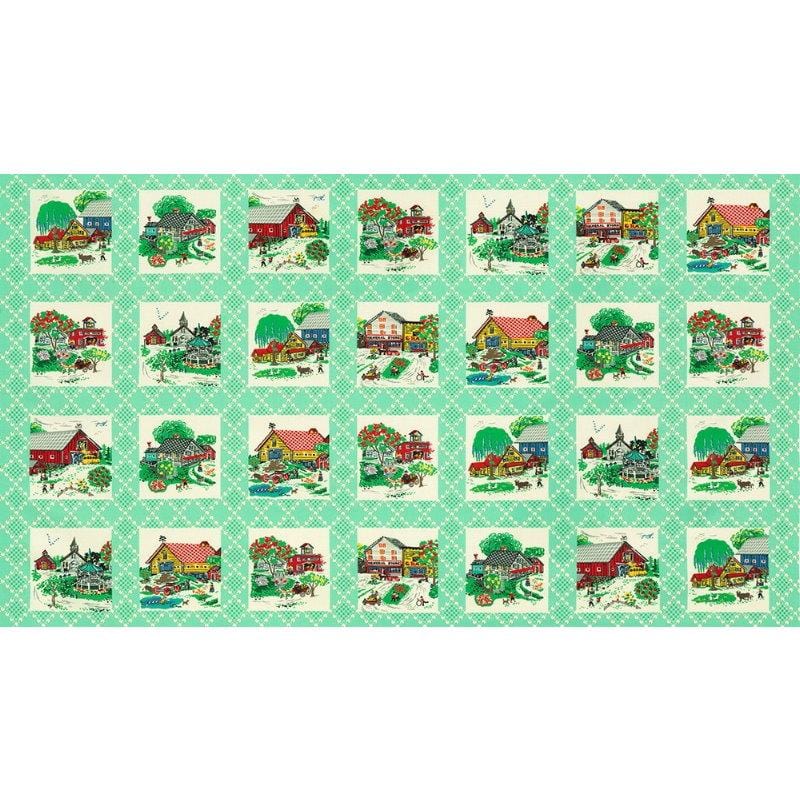 Flowerhouse: Sunnyside Farm - Farm Scenes Panel Green Robert Kaufman Fabrics 