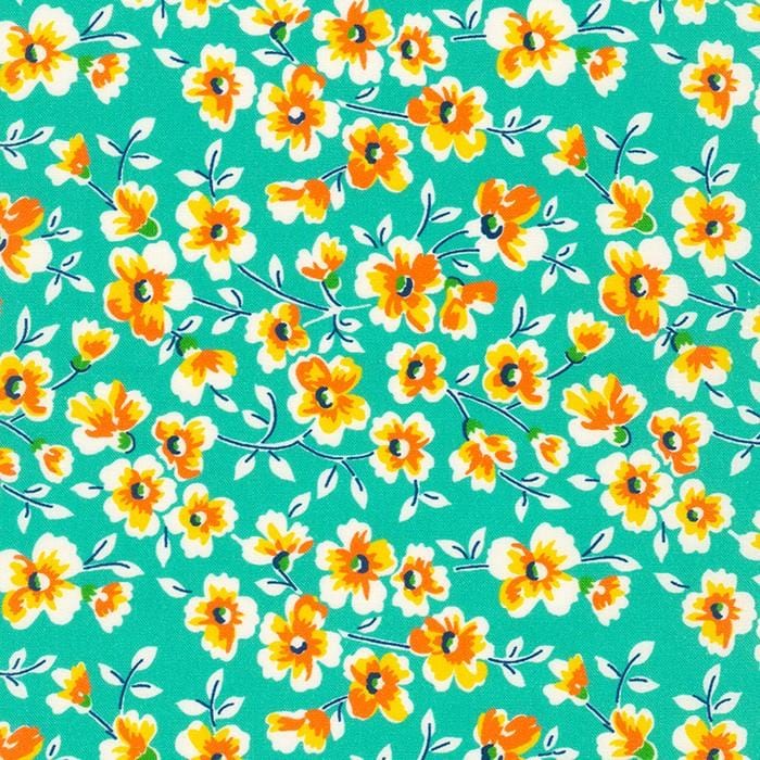 Flowerhouse: Sunnyside Farm - Flowers Teal Robert Kaufman Fabrics 
