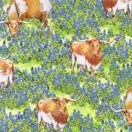 Texas In Bloom - Country - Cows in Blue Bonnets Robert Kaufman Fabrics 