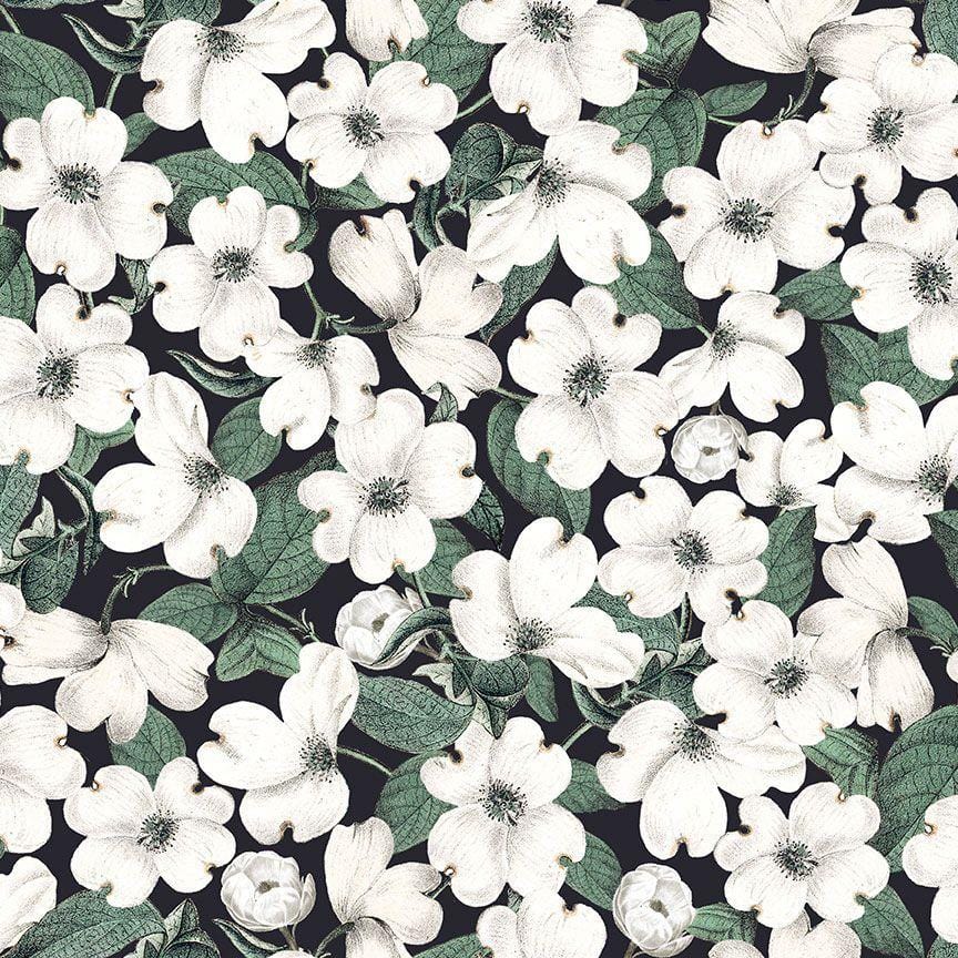 Timeless Treasures - Dragonfly Garden - Packed White Flowers Black Timeless Treasures 